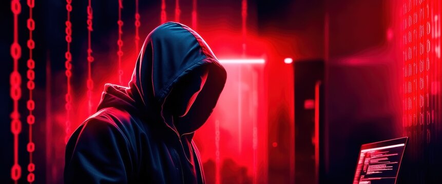 Cyberpunk hacker, glowing red neon, hooded figure, anonymous mask, binary code background, digital dystopia, high contrast, futuristic, threatening, cyber security, data breach, hacking concept, red a