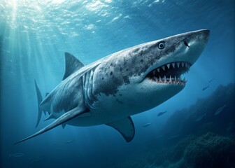 Fototapeta premium Realistic Digital Art Illustration of a Petalodont Shark Swimming in a Vibrant Underwater Scene