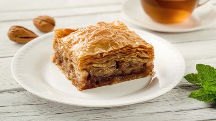 Beautifully arranged baklava on a traditional plate, with fresh mint and a small cup of tea on the side.