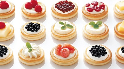Blini with different toppings arranged on a platter, including caviar, cheese, and fruit, for a beautiful brunch spread.