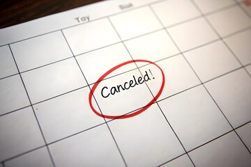 calendar with red day circle and cancled text. Appointment cancellation concept