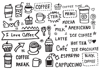 Coffee shop element cute doodle hand drawn , sign icon