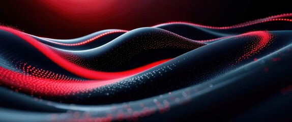 Obraz premium Abstract waves, digital particles, red and black contrast, dynamic motion, flowing curves, technology concept, futuristic design, sleek texture, neon glow, dark background, 3D rendering, high-resoluti