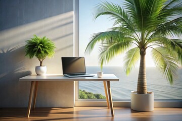 Fototapeta premium Minimalist Workspace with Laptop and Palm Tree: Modern Aesthetic for Productivity and Calmness in a Bright Environment