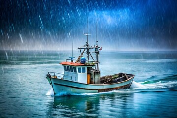 Naklejka premium fishing boat sail in heavy rain on dark sea