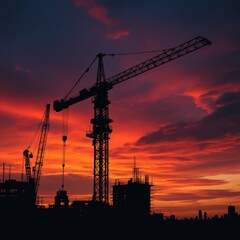 Crane and building silhouettes at sunrise. Abstract Industrial background with construction cranes silhouettes over amazing sunset sky
