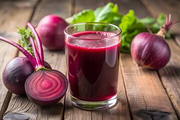 healthy beetroot juice in glass cup with raw root ingredient