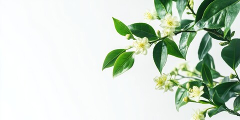 Fresh Green Tea Leaves and Flowers on White Background