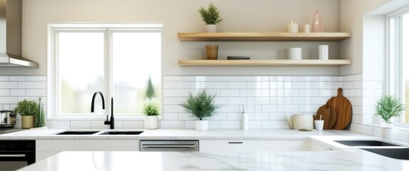 Modern bright kitchen, white countertops, subway tile backsplash, open shelving, natural light, indoor plants, minimalist design, quartz countertop, farmhouse sink, wood accents, airy space, clean aes