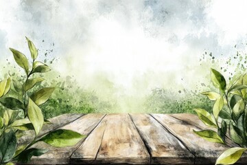 Obraz premium Fresh Tea Leaves on Wooden Table from Tea Plantation. Natural Landscape Watercolor Illustration Template