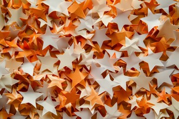 Festive orange stars confetti scattered on vibrant background ideal for celebrations and events. dynamic illustration. star pattern wallpaper. Abstract textured backdrop for digital projects