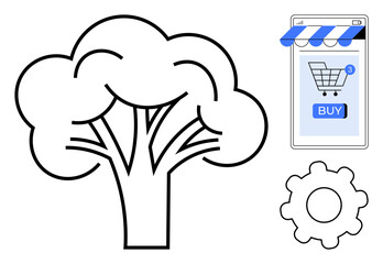 Simple line art showing a tree, online shopping cart on a mobile phone, and a gear. Ideal for ecommerce, technology, sustainability, digitalization, and environmental themes. Minimalist vector style