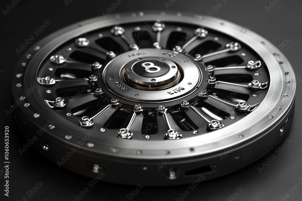 Aufkleber circular object with metal spokes and a central number eight