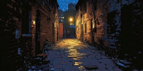 Fototapeta premium A Narrow, Brick-Lined Alleyway Illuminated by a Single Street Lamp at Night