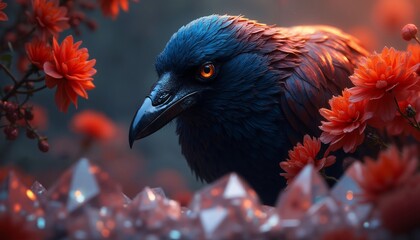 Glossy Raven with Iridescent Feathers Amidst Vibrant Flowers and Crystals