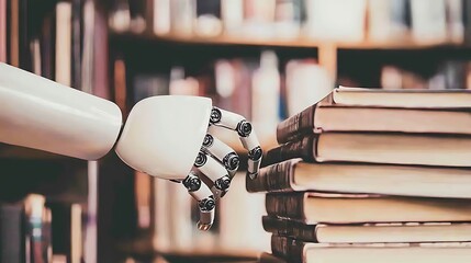 Close up shot of a futuristic robotic assistant with advanced artificial intelligence, offering personalized book recommendations to a young reader in a sleek, modern library setting