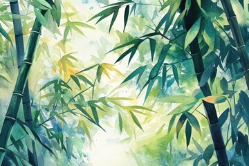 Hand-drawn Bamboo Oasis: Watercolor Illustration of Tranquil Asian Rainforest