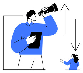 A man holds a telescope and a tablet, looking forward while a woman points upward. Arrows indicate upward and downward directions. Ideal for leadership, vision, career growth, development, strategy