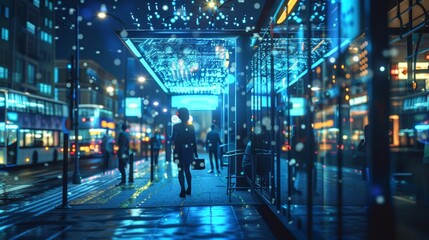 Fototapeta premium Businesswoman is walking in a futuristic city at night, with digital rain falling around her, highlighting the integration of technology and urban life in a visually captivating scene
