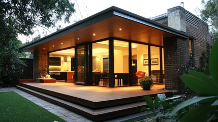 Fototapeta premium Modern home with large glass windows and wooden deck, showcasing contemporary architecture.