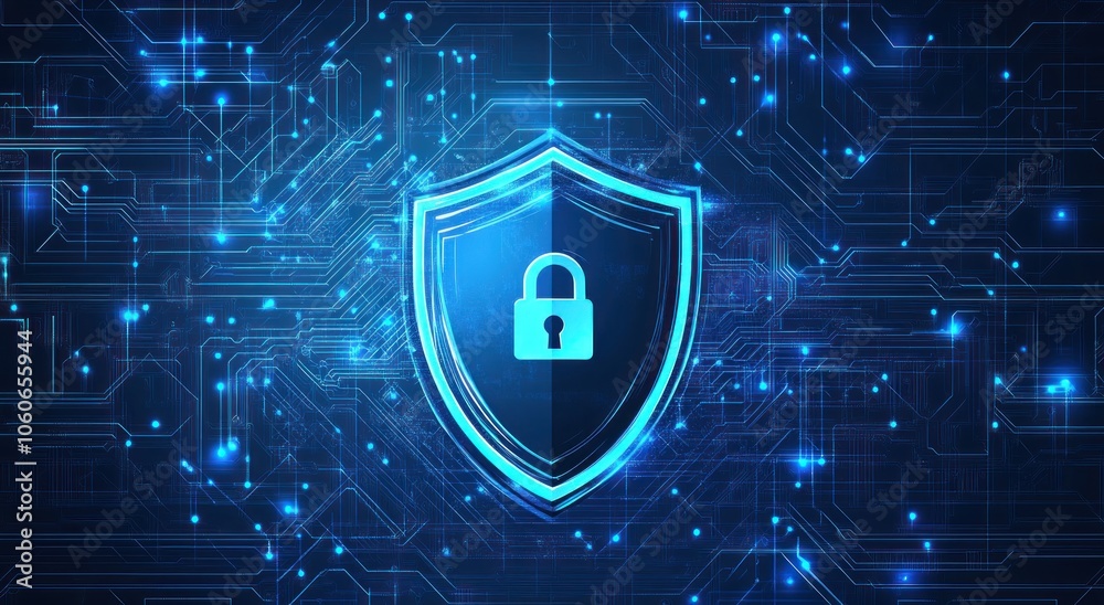 Poster blue glowing shield with padlock on circuit board background