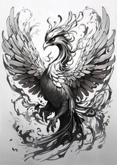 Obraz premium Elegant Monochrome Phoenix Illustration Representing Hope and Resilience in a Beautifully Crafted Design