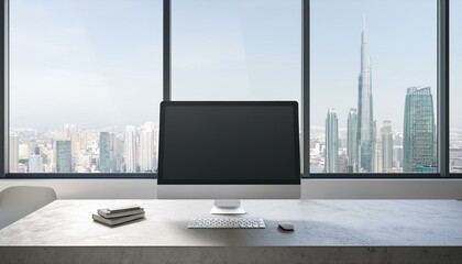 Fototapeta premium Front view on modern computer on style light table in minimalistic office interior design with concrete floor and city view from big window. 3D rendering