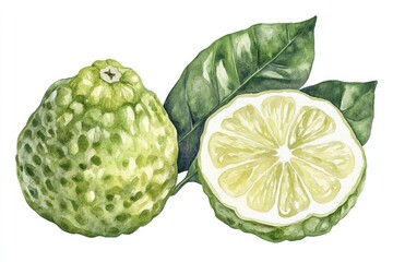 Naklejka premium Organic Fresh Bergamot Fruit and Leaf Watercolor Illustration on White Background