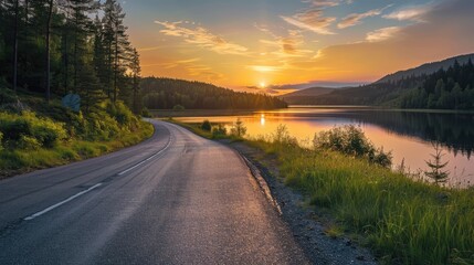 Sunset over lake and road