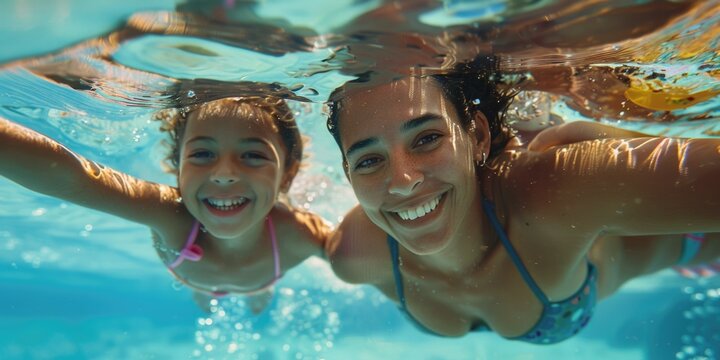 Family Swim Time - Mother Daughter Smiling in Water