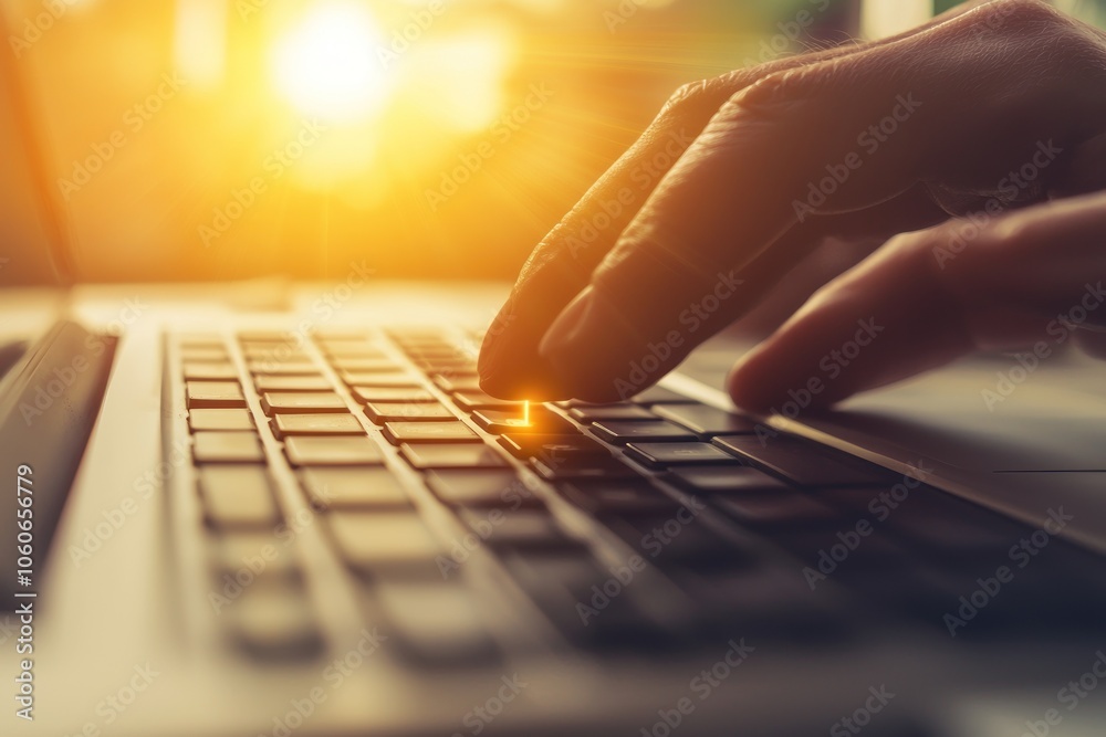 Aufkleber close-up of hand typing on a laptop keyboard with sunlight in the background