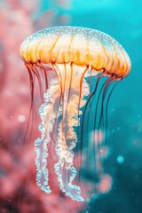 A Close-Up View of a Golden Jellyfish with White Frilled Tentacles