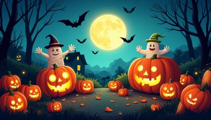 Whimsical Halloween Pumpkin Patch Under Spooky Moonlit Sky
