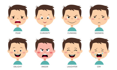 Boy face with emotions of joy, anger, curiosity, sadness, cunning and other. Different face expressions set.