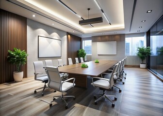 Fototapeta premium Modern Conference Room with White Screen, Minimalist Design, Sleek Furniture, Bright Lighting, Professional Atmosphere, Corporate Setting, Clean Lines, Open Space, Innovative Workspace
