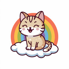 Cute Cat Sitting on Cloud with Rainbow Background
