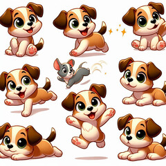 Fototapeta premium cartoon-style puppy with a playful and energetic personality, in multiple poses_ running, sitting, lying down, and wagging its tail, with a variety of expressions, from excited and happy to curious an