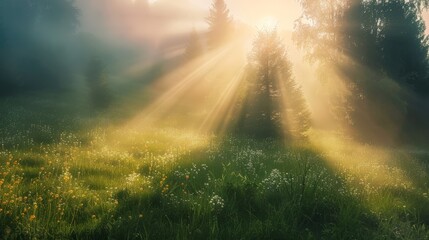 Sun rays shining through the mist in a quiet meadow