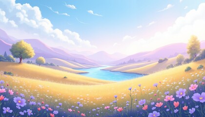 Obraz premium Whimsical Digital Drawing of Pastel Landscape with Wildflowers and River