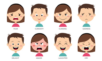 Children's faces with emotions of joy, anger, curiosity, sadness, cunning. Different face expressions set.
