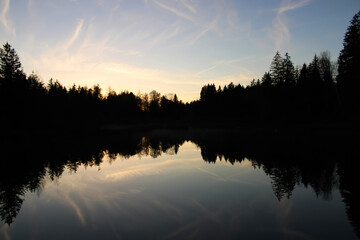 Beautiful sunset reflection with forest in a lake, Waldsee Lindenberg im Allg&auml;u