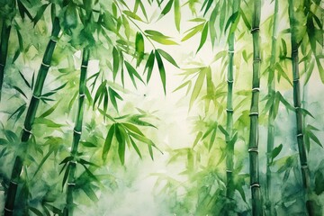Watercolor Bamboo Forest. Green Tropical Leaves and Stems on White Background