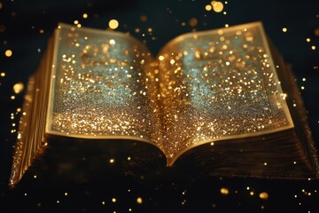 Magical open book with glittering pages floating golden sparkles