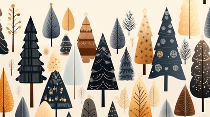 Seamless pattern of stylized Christmas trees in various colors and designs on a light background, featuring geometric shapes and abstract decorations.
