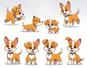 cartoon-style puppy with a playful and energetic personality, in multiple poses_ running, sitting, lying down, and wagging its tail, with a variety of expressions, from excited and happy to curious an