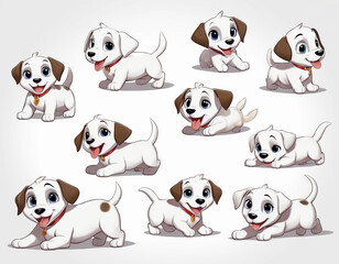 Naklejka premium cartoon-style puppy with a playful and energetic personality, in multiple poses_ running, sitting, lying down, and wagging its tail, with a variety of expressions, from excited and happy to curious an