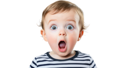 Surprised child with wide eyes and open mouth, expressing shock and excitement. child has light brown hair and wears striped shirt, creating playful and engaging image