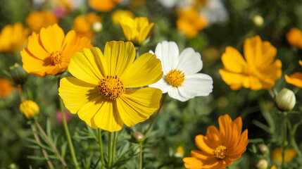 Obraz premium A field of pink Cosmos flowers in full bloom, basking under bright sunlight against a clear blue sky. 