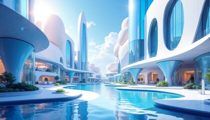 Naklejka premium Abstract Architectural Landscape with Fluid Curves and Glass Surfaces