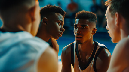 A basketball strategy session where a coach talks to a USA sports group about game tactics on the court. Young athlete students communicate about ideas during training 